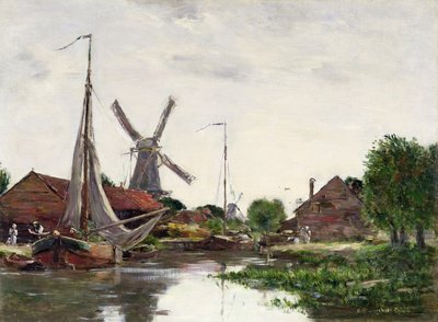 Dordrecht, molen aan de Maas, 1884 door Eugene Louis Boudin